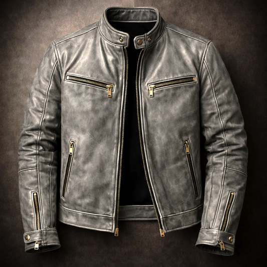 Men’s Distressed Leather Moto Jacket with Zip Pockets