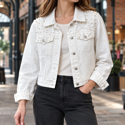 Women’s Cropped Washed Denim Jacket with Pearl-Like Studs