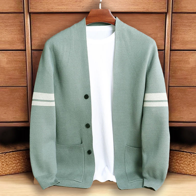 Men’s Striped Sleeve Button-Up Knit Cardigan
