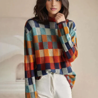 Women’s Oversized Multicolor Plaid Pattern Knit Sweater