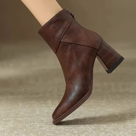 Women’s Leather-Look Ankle Boots with Side Zip and Block Heel