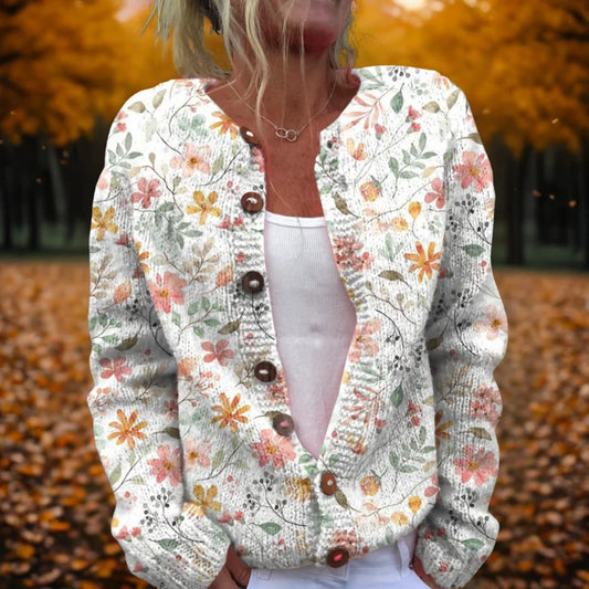 Women’s Textured Floral Knit Crew Neck Relaxed Button-Front Cardigan