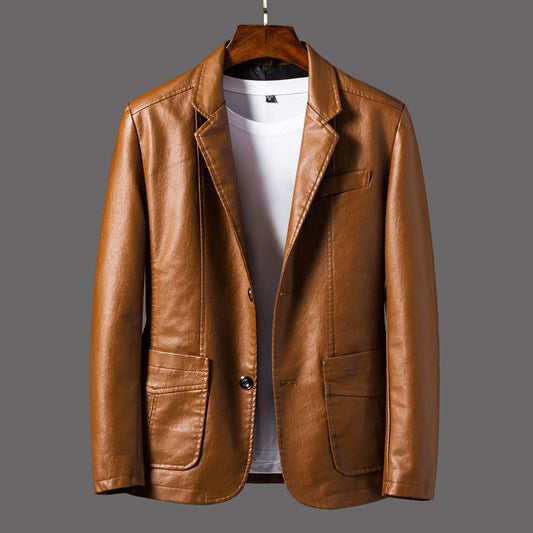 Men’s Textured Leather Button-Up Moto Blazer Jacket