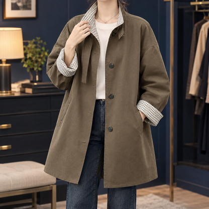 Women’s A-Line Overcoat with Checked Collar and Cuffs