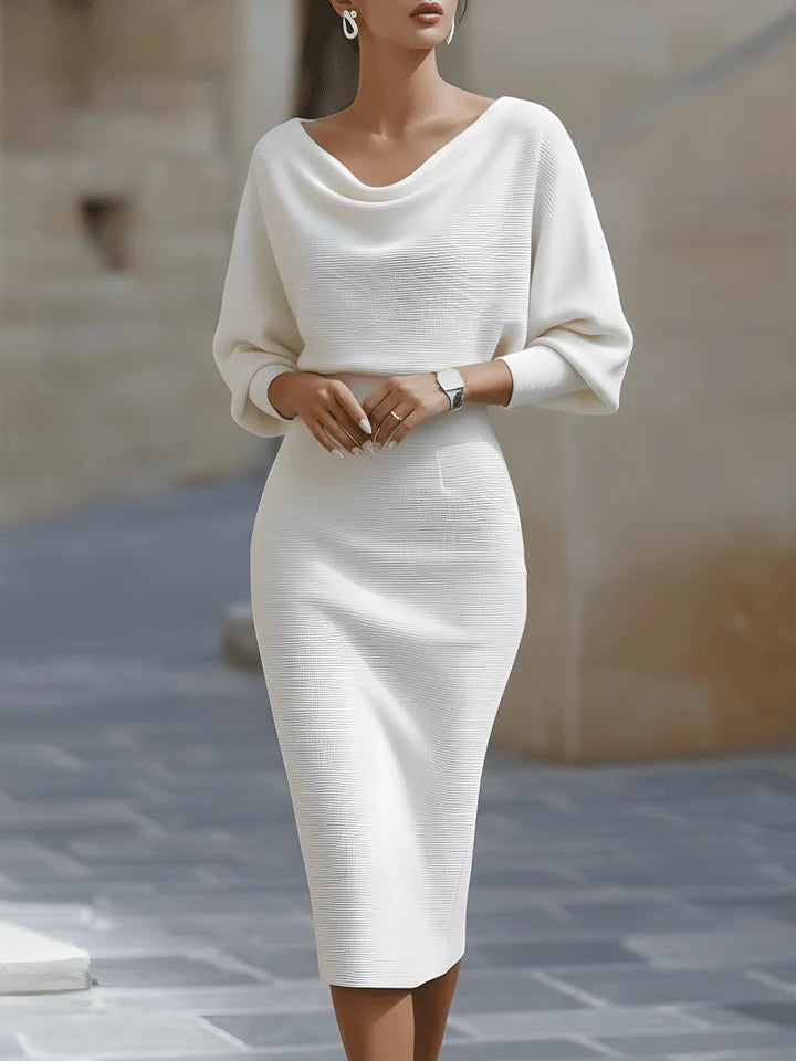 Women's Ribbed Midi Dress with Draped Cowl Neck and Batwing Sleeves