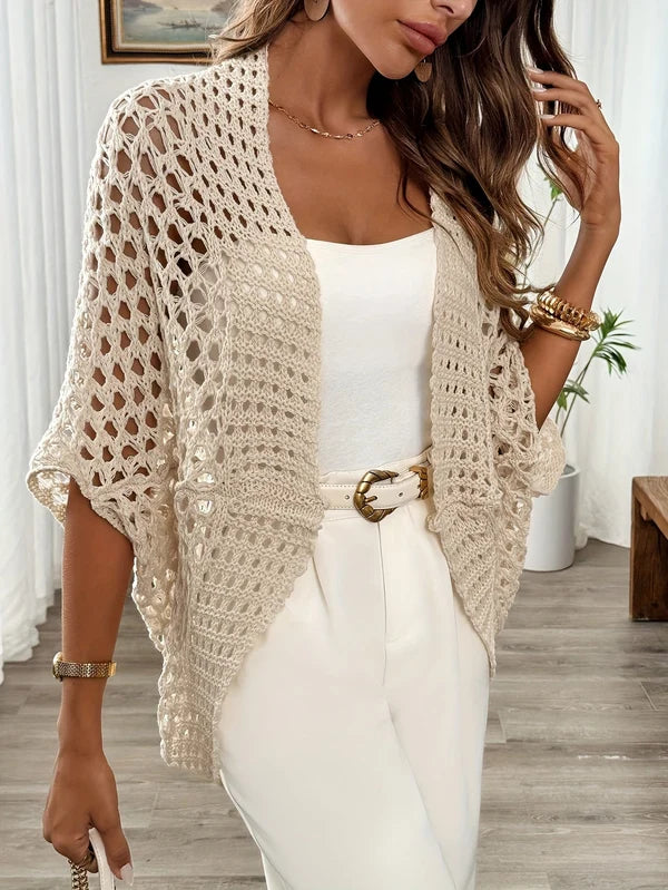 Women’s Lightweight Open-Front Open-Knit Cardigan with Wide Sleeves
