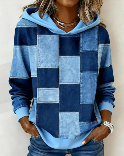 Women’s Checkered Patchwork Print Pullover Hoodie with Drawstring Hood