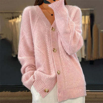 Women’s Oversized Textured Cable Knit V-Neck Button-Front Cardigan