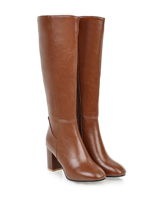 Women’s Knee-High Leather Boots with Side Zip and Block Heel