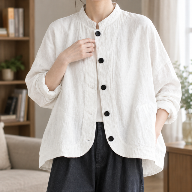 Women’s Relaxed Batwing Cotton Blend Jacket with Stand Collar