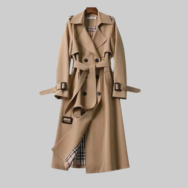 Women’s Long Double-Breasted Trench Coat with Adjustable Waist Belt