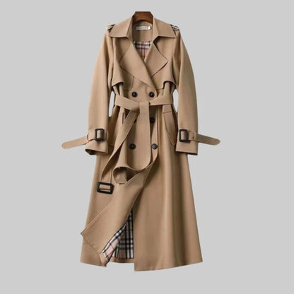 Women’s Long Double-Breasted Trench Coat with Adjustable Waist Belt