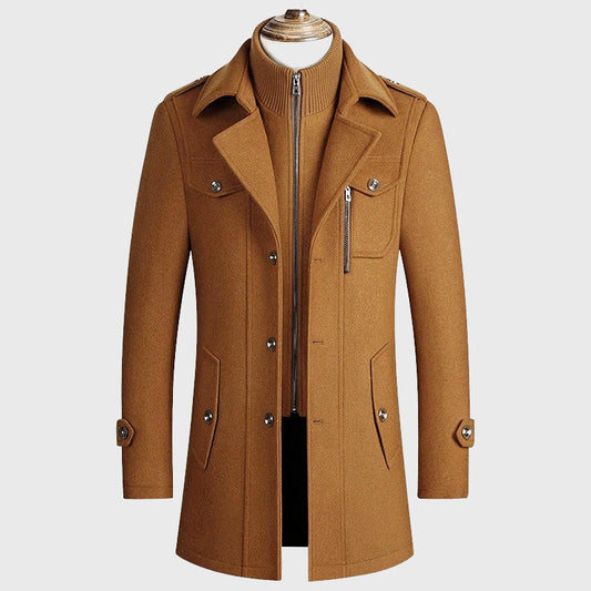 Men’s Longline Layered Stand-Collar Wool Blend Overcoat