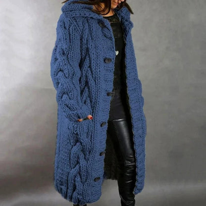 Women’s Hooded Longline Cable Knit Button Cardigan with Pockets