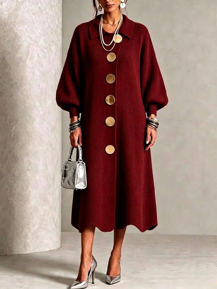 Women's Ribbed Knit Midi Dress with Collared Neck and Balloon Sleeves