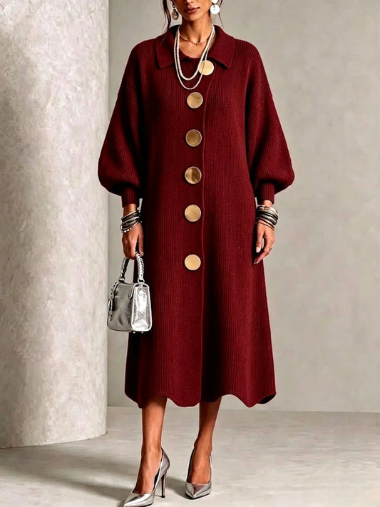 Women's Ribbed Knit Midi Dress with Collared Neck and Balloon Sleeves