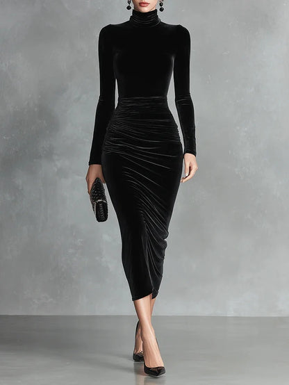 Women's Black Velvet Midi Bodycon Dress with Ruched Waist