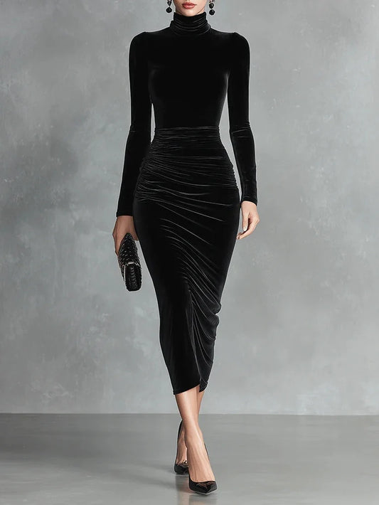 Women's Black Velvet Midi Bodycon Dress with Ruched Waist