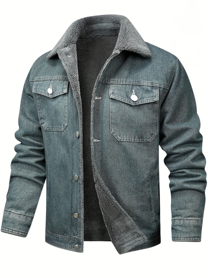 Men’s Fleece-Lined Washed Denim Jacket with Lapel Collar