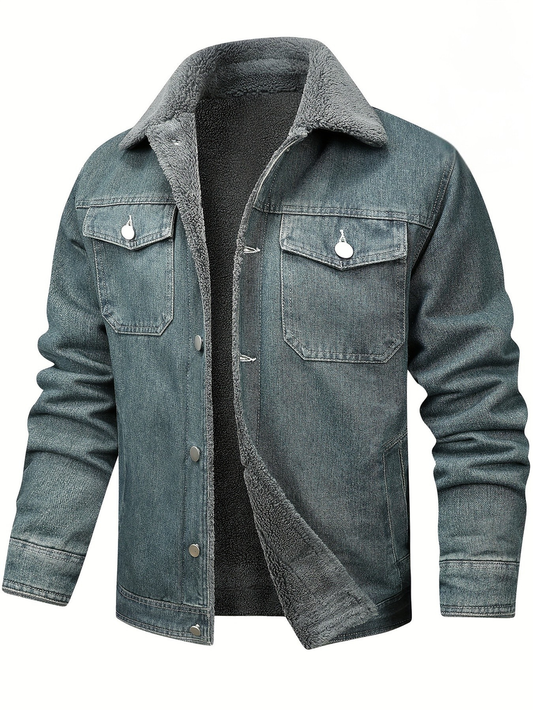 Men’s Fleece-Lined Washed Denim Jacket with Lapel Collar