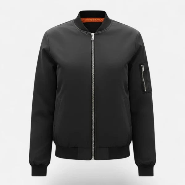Women’s Minimalist Zip-Front Bomber Jacket with Round Neck