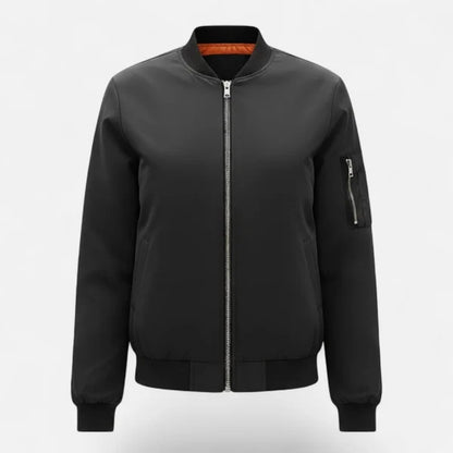 Women’s Minimalist Zip-Front Bomber Jacket with Round Neck