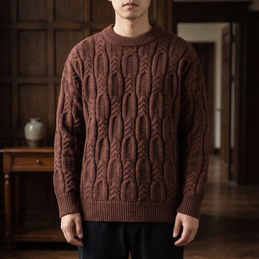 Textured Cable Knit Relaxed Crew Neck Sweater