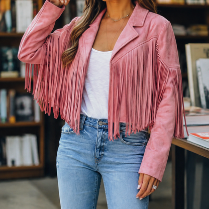 Women’s Cropped Fringe Jacket with Notched Lapels