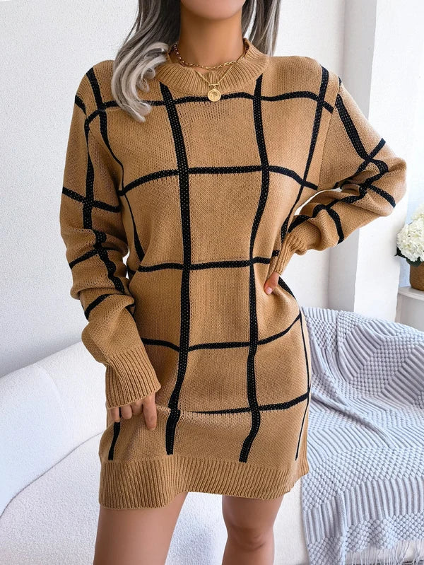 Women's Check Knit Mini Dress with Long Sleeves and Crew Neck