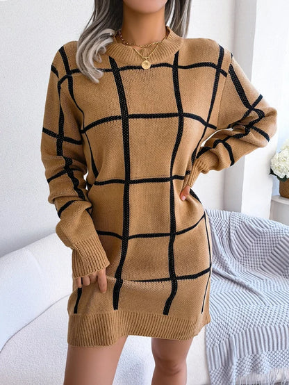 Women's Check Knit Mini Dress with Long Sleeves and Crew Neck