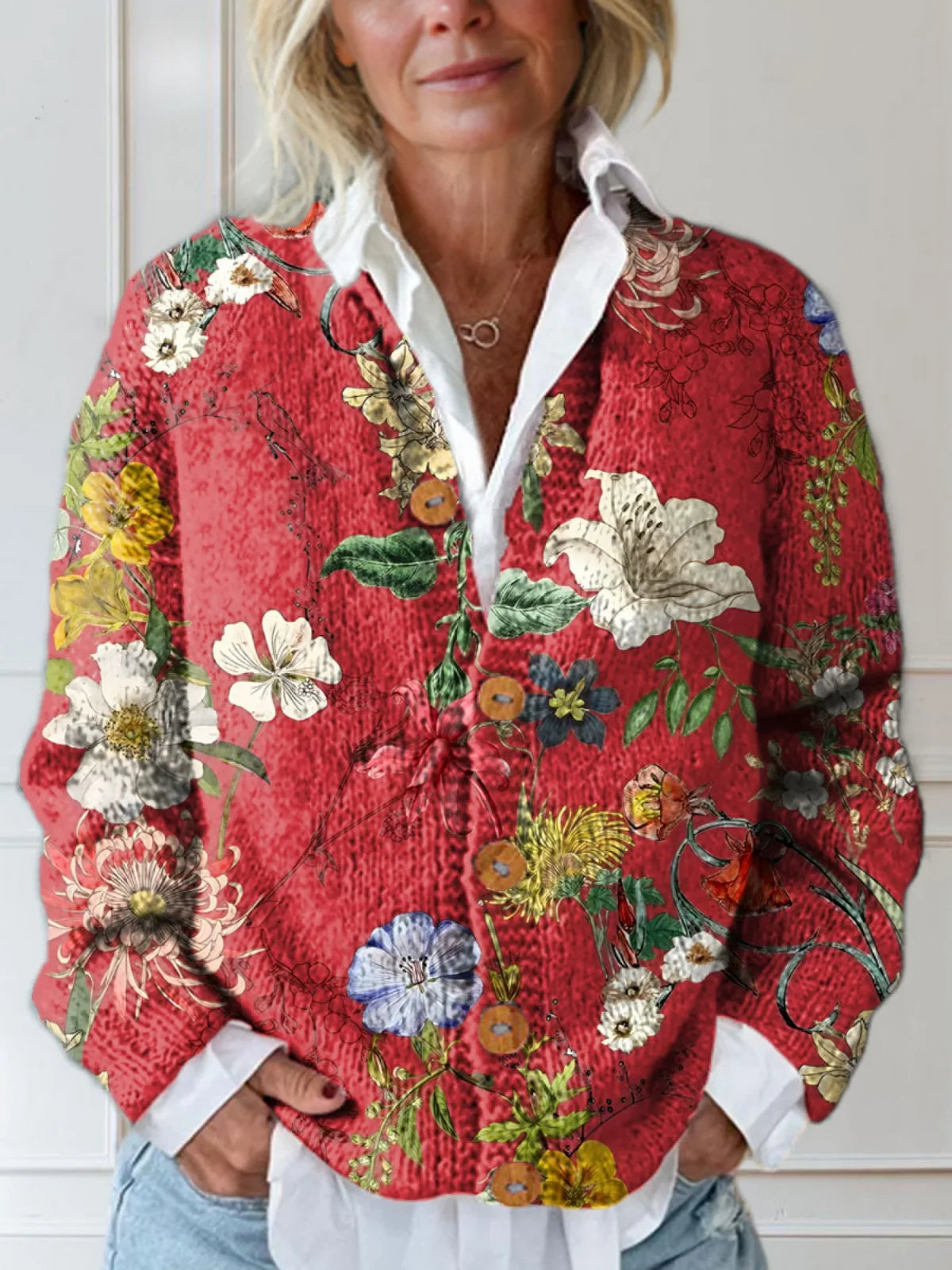 Women’s Vintage Floral Print Button-Front Knit Cardigan