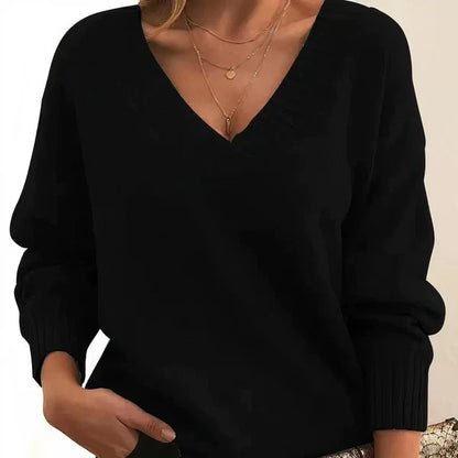 Women’s Cashmere Deep V-Neck Relaxed Sweater with Balloon Sleeves