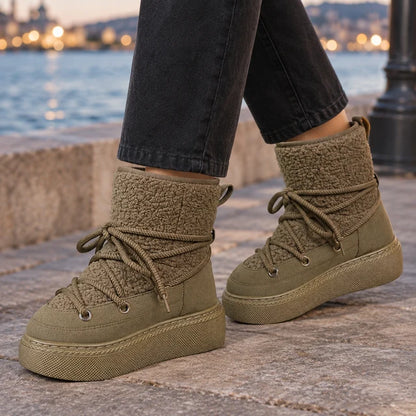 Women’s Cotton-Blend Platform Snow Boots with Wraparound Laces