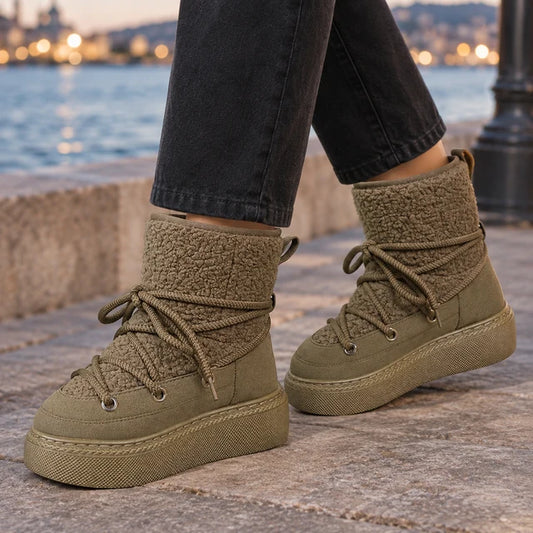 Women’s Cotton-Blend Platform Snow Boots with Wraparound Laces