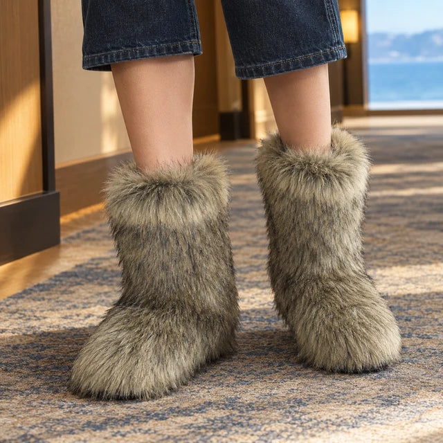 Women’s Mid-Calf Plush Boots with Long-Pile Texture and Flat Sole