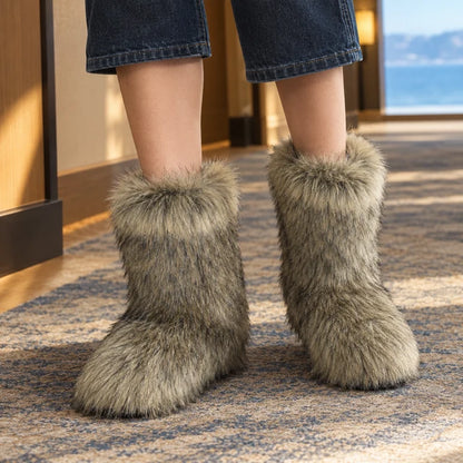 Women’s Mid-Calf Plush Boots with Long-Pile Texture and Flat Sole