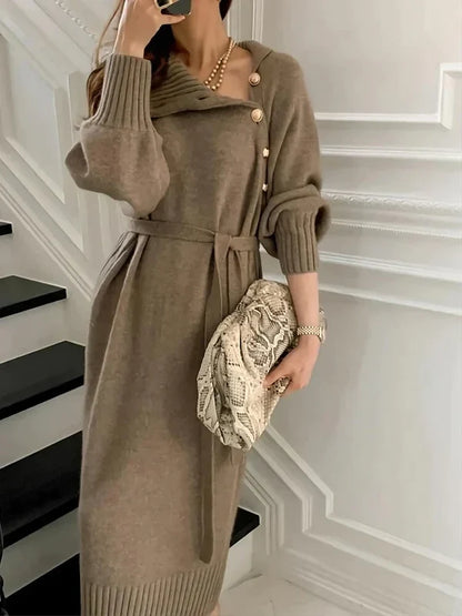 Women's High-Neck Sweater Dress with Button Detail and Tie Waist