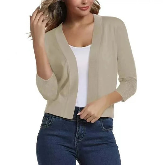Women’s Cropped Open-Front Cardigan with Relaxed Fit and 3/4 Sleeves