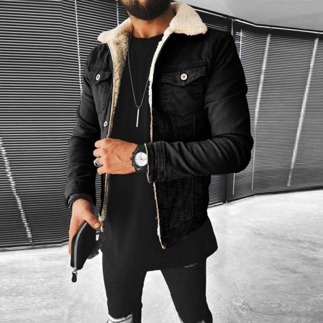 Men’s Borg-Collar Washed Denim Trucker Jacket