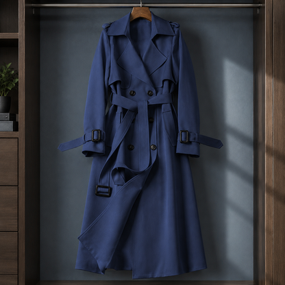 Long Flared Double-Breasted Belted Overcoat