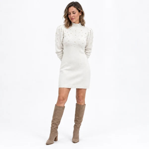Women's Pearl Detail Knit Mini Dress with Long Sleeves and Turtleneck