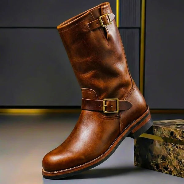 Men’s Genuine Leather Engineer Boots with Dual Buckle Straps