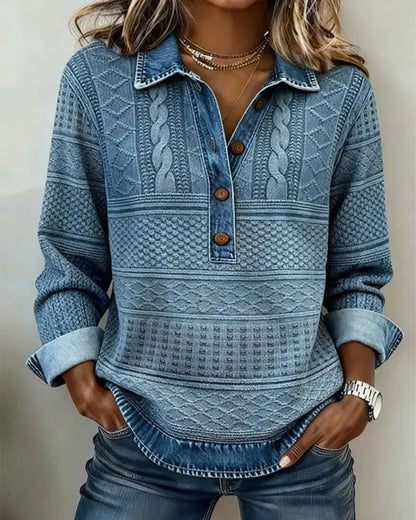Women’s Printed Half-Button Collared Long-Sleeve Casual Top