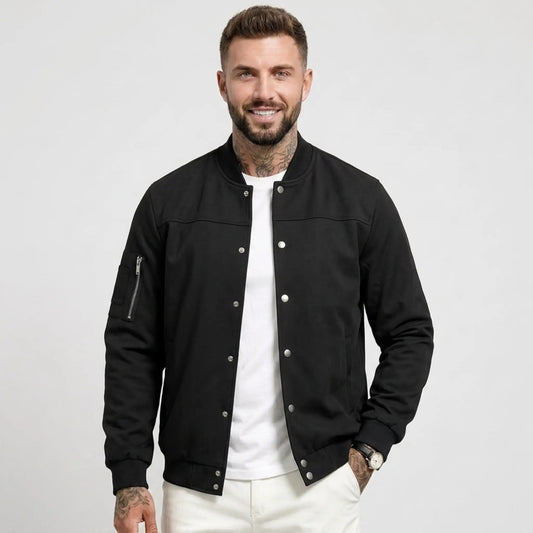Men’s Suede-Texture Stand Collar Button-Up Jacket