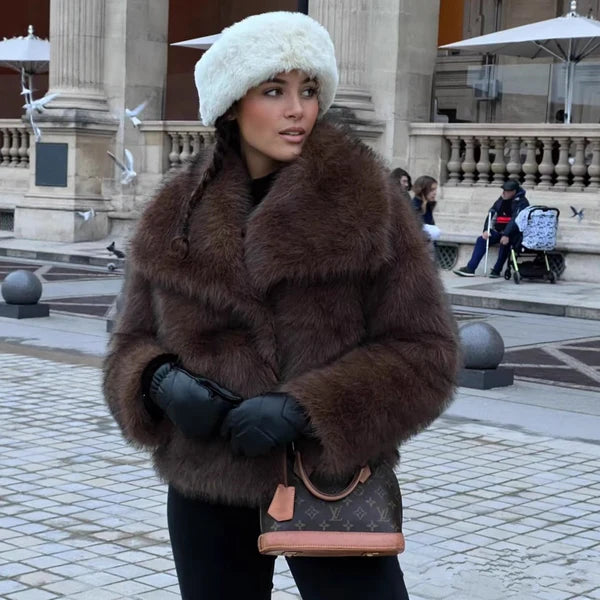 Women’s Plush Faux Fur Short Coat with Statement Collar