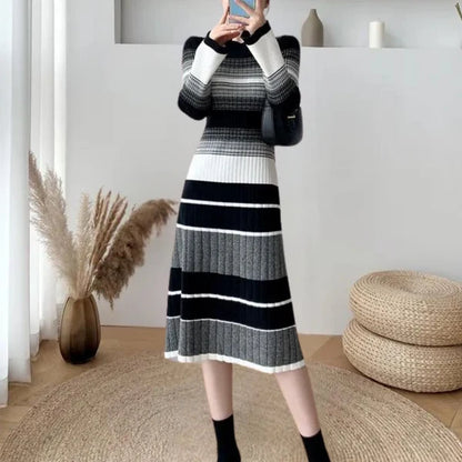 Women's Striped Ribbed Knit Midi Dress with Long Sleeves