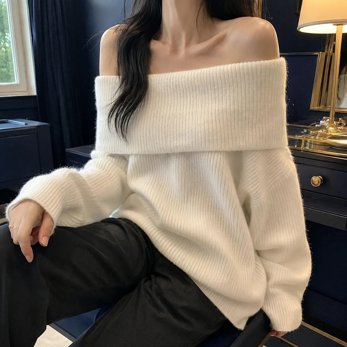 Women’s Foldover Neck Oversized Knit Sweater