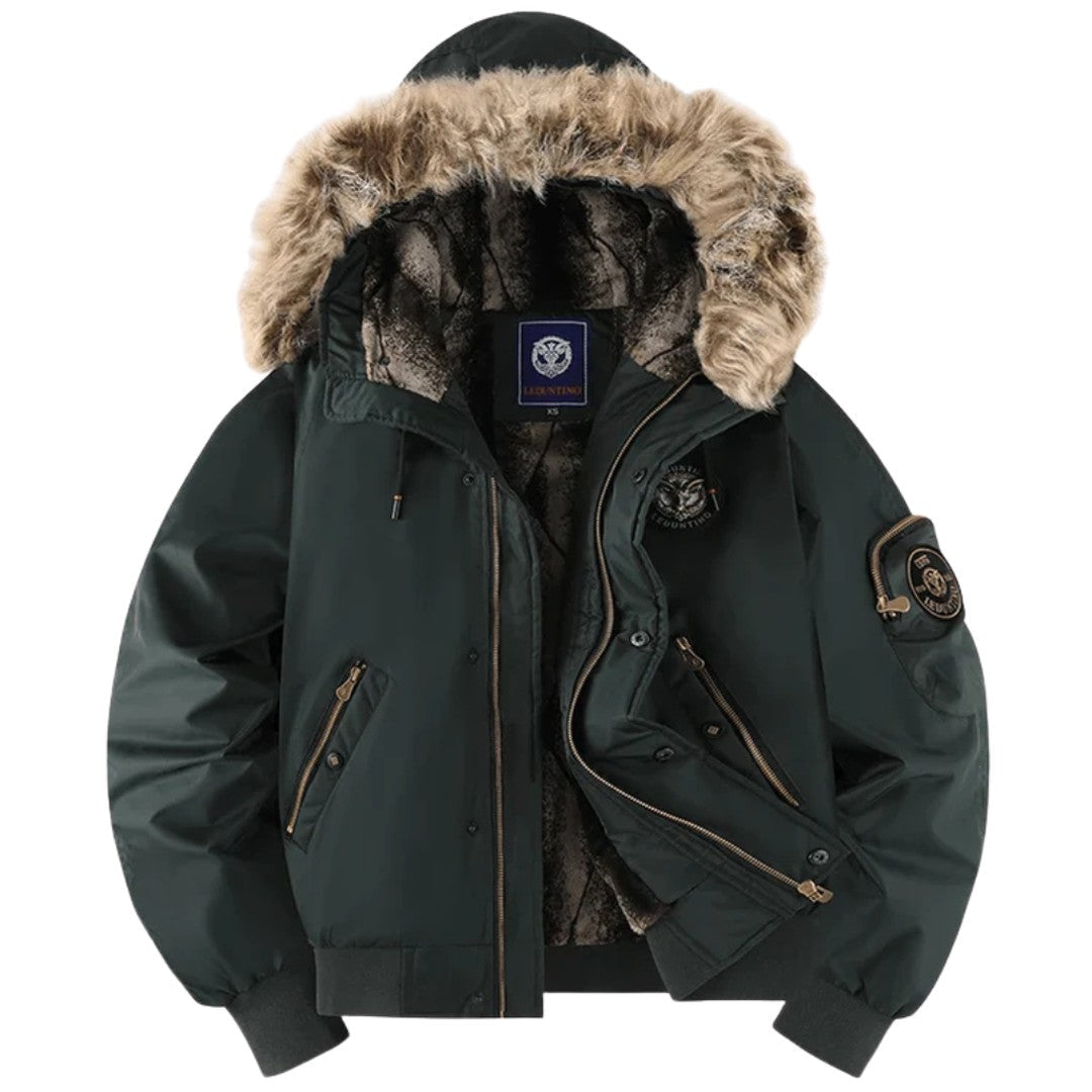 Men’s Quilted Bomber Jacket with Faux Fur-Trimmed Hood