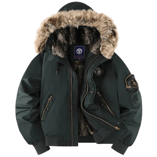 Men’s Quilted Bomber Jacket with Faux Fur-Trimmed Hood