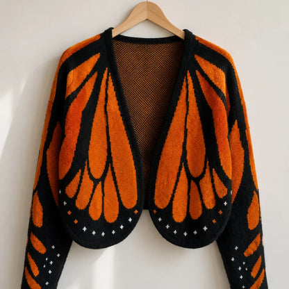 Women’s Orange and Black Butterfly Pattern Open-Front Knit Cardigan